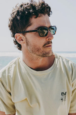 Otis Eyewear Metric sunglasses in Eco Red Tort with Grey Polar polarized mineral glass lenses, sleek square silhouette thin handmade eco acetate frame with distinctive wire core detail, Viscottica hinges, stainless steel screws, OTIS logo temple tip, 100% UVA UVB protection