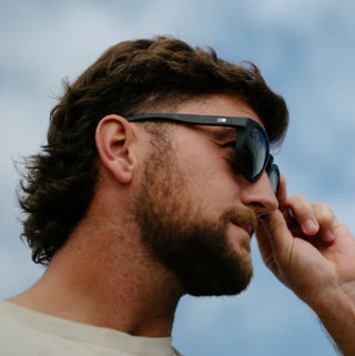 Otis Eyewear Offset Sport sunglasses in Matte Amberwood Tort with Brown Polar mineral glass lenses, Italian-made Eco-Grilamid ultra-lightweight frame with increased pantoscopic tilt, subtle side blinders, integrated nose pads and temple tips, hand-painted finish