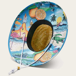 Hemlock Hat Co. straw lifeguard hat with Beachside print, wide brim, cattleman crown, UPF 50+, lightweight.