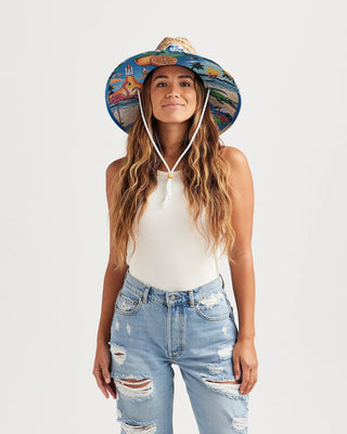 Hemlock Hat Co. straw lifeguard hat with Beachside print, wide brim, cattleman crown, UPF 50+, lightweight.