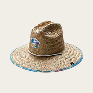 Hemlock Hat Co. straw lifeguard hat with Beachside print, wide brim, cattleman crown, UPF 50+, lightweight.