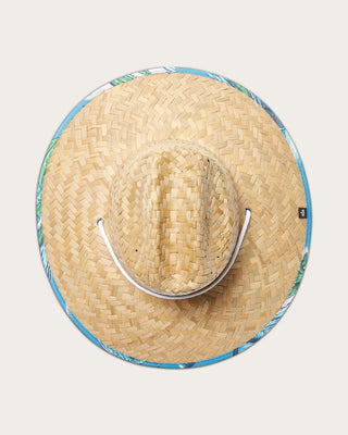 Hemlock Hat Co. straw lifeguard hat with Beachside print, wide brim, cattleman crown, UPF 50+, lightweight.