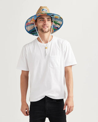 Hemlock Hat Co. straw lifeguard hat with Beachside print, wide brim, cattleman crown, UPF 50+, lightweight.
