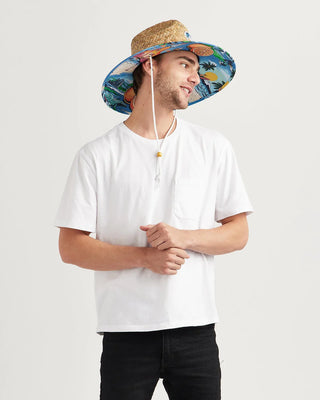 Hemlock Hat Co. straw lifeguard hat with Beachside print, wide brim, cattleman crown, UPF 50+, lightweight.