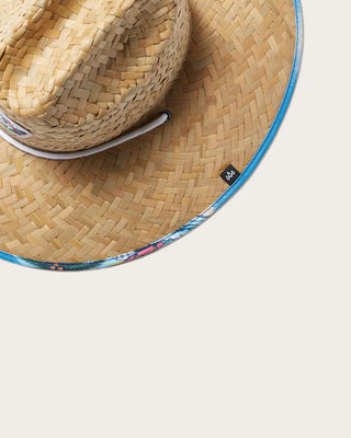 Hemlock Hat Co. straw lifeguard hat with Beachside print, wide brim, cattleman crown, UPF 50+, lightweight.