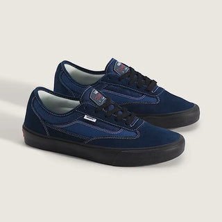 Vans Skate Curren Caples in Navy Blue/Black — leather upper with SickStick™ rubber outsole, PopCush™ footbed, DuraCap™ reinforced underlays, and vulcanized sole construction