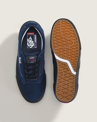 Vans Skate Curren Caples in Navy Blue/Black — leather upper with SickStick™ rubber outsole, PopCush™ footbed, DuraCap™ reinforced underlays, and vulcanized sole construction