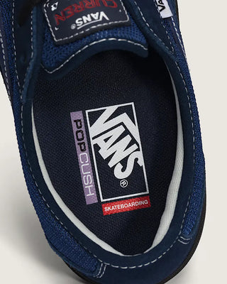 Vans Skate Curren Caples in Navy Blue/Black — leather upper with SickStick™ rubber outsole, PopCush™ footbed, DuraCap™ reinforced underlays, and vulcanized sole construction