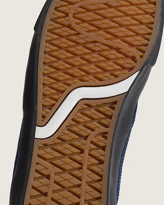 Vans Skate Curren Caples in Navy Blue/Black — leather upper with SickStick™ rubber outsole, PopCush™ footbed, DuraCap™ reinforced underlays, and vulcanized sole construction