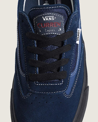 Vans Skate Curren Caples in Navy Blue/Black — leather upper with SickStick™ rubber outsole, PopCush™ footbed, DuraCap™ reinforced underlays, and vulcanized sole construction