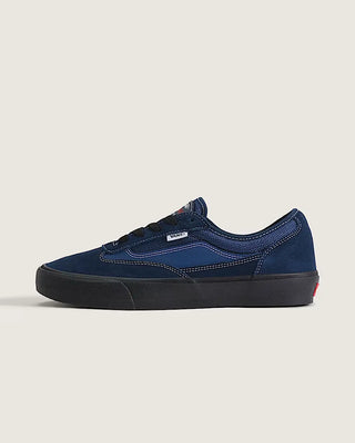 Vans Skate Curren Caples in Navy Blue/Black — leather upper with SickStick™ rubber outsole, PopCush™ footbed, DuraCap™ reinforced underlays, and vulcanized sole construction