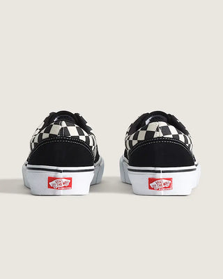 Vans Skate Era shoes with black and white checkerboard canvas, suede overlays, padded collar, and white waffle sole.