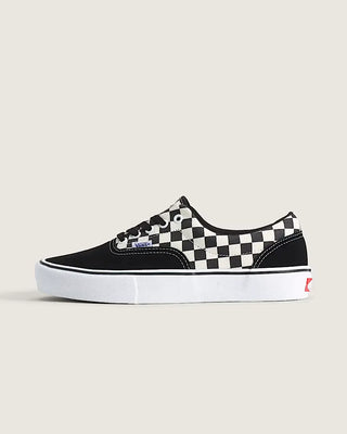 Vans Skate Era shoes with black and white checkerboard canvas, suede overlays, padded collar, and white waffle sole.