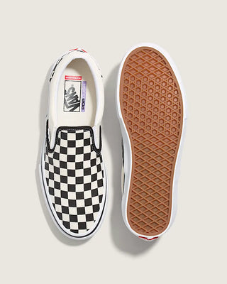 Vans Skate Slip-On Checkerboard Shoe in Black/Off White, enhanced with DURACAP, SickStick grip, and PopCush cushioning.