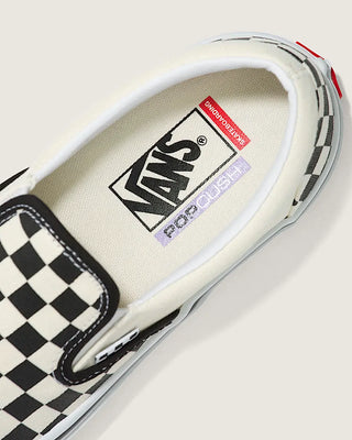 Vans Skate Slip-On Checkerboard Shoe in Black/Off White, enhanced with DURACAP, SickStick grip, and PopCush cushioning.