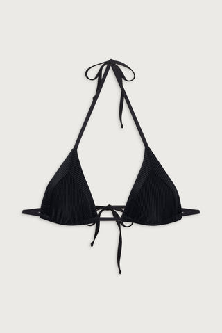Black Sky ribbed triangle bikini top with adjustable ties by Frankies Bikinis.