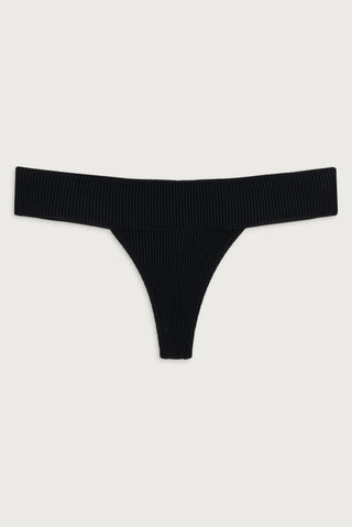 Sofia Black ribbed micro bikini bottom with elastic waistband by Frankies Bikinis.
