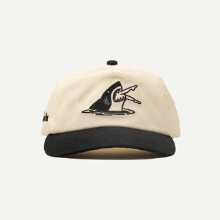 Duvin Shark Hat in Antique with embroidered shark graphic and contrasting black brim.