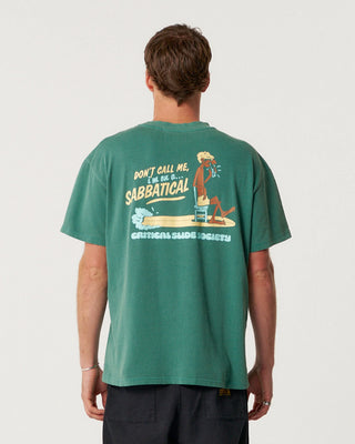 Critical Slide Sabbatical Tee in Dusty Green with artist collaboration print and garment-dyed soft cotton finish.