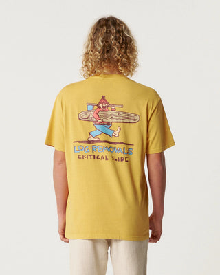 Critical Slide Society Logger Tee in Mustard with vintage wash and original artwork.