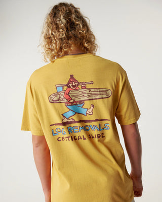 Critical Slide Society Logger Tee in Mustard with vintage wash and original artwork.