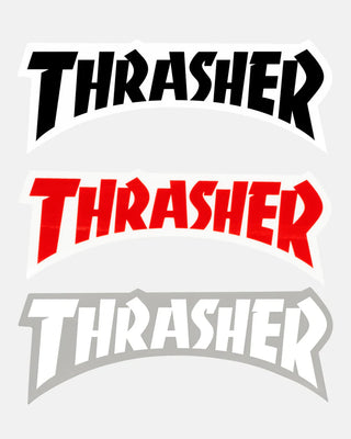 Thrasher Die cut Logo Sticker measuring 2 1/8 inches by 5 3/4 inches with iconic Thrasher logo in assorted colors