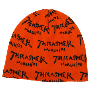 Thrasher Worldwide Skully Beanie in orange with woven Worldwide logo pattern and snug acrylic knit fit.