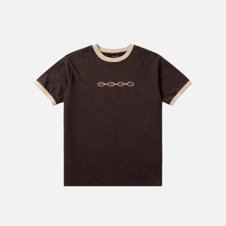 Dime Spaced Ringer Tee in Brown — 100% cotton with set-in sleeves, contrast neck and sleeve ribs, and embroidered Dime logo at center front