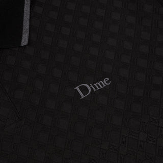 Dime Jacquard Long Sleeve Polo in Black — 100% polyester with pearl button placket, ribbed striped collar, ribbed cuffs, set-in sleeves, and embroidered Dime logo at left chest