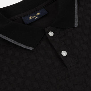 Dime Jacquard Long Sleeve Polo in Black — 100% polyester with pearl button placket, ribbed striped collar, ribbed cuffs, set-in sleeves, and embroidered Dime logo at left chest