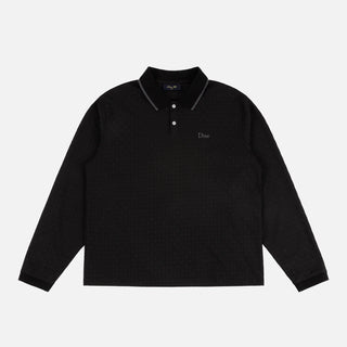 Dime Jacquard Long Sleeve Polo in Black — 100% polyester with pearl button placket, ribbed striped collar, ribbed cuffs, set-in sleeves, and embroidered Dime logo at left chest