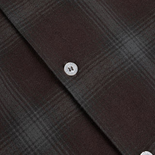 Front view of Dime Premium Flannel Shirt in Bordeaux with dark plaid, a button front, pointed collar, and embroidered Dime logo at the left chest