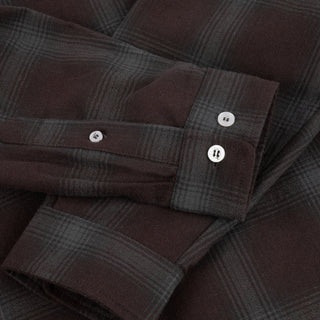 Front view of Dime Premium Flannel Shirt in Bordeaux with dark plaid, a button front, pointed collar, and embroidered Dime logo at the left chest