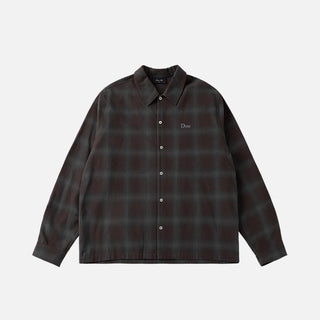 Front view of Dime Premium Flannel Shirt in Bordeaux with dark plaid, a button front, pointed collar, and embroidered Dime logo at the left chest