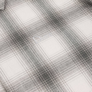 Front view of Dime Premium Flannel Shirt in Light Grey with grey-and-white plaid, a button front, pointed collar, and long sleeves