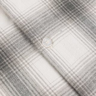 Front view of Dime Premium Flannel Shirt in Light Grey with grey-and-white plaid, a button front, pointed collar, and long sleeves