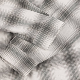 Front view of Dime Premium Flannel Shirt in Light Grey with grey-and-white plaid, a button front, pointed collar, and long sleeves