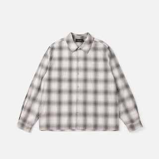 Front view of Dime Premium Flannel Shirt in Light Grey with grey-and-white plaid, a button front, pointed collar, and long sleeves