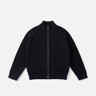 Front view of Dime Knitted Pique Zip Sweater in Dark Navy with a two-way silver zipper, raglan sleeves, and subtle left-chest logo