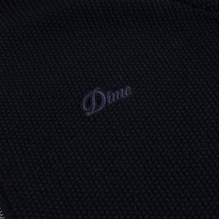 Front view of Dime Knitted Pique Zip Sweater in Dark Navy with a two-way silver zipper, raglan sleeves, and subtle left-chest logo