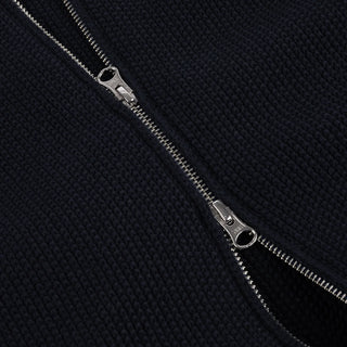 Front view of Dime Knitted Pique Zip Sweater in Dark Navy with a two-way silver zipper, raglan sleeves, and subtle left-chest logo