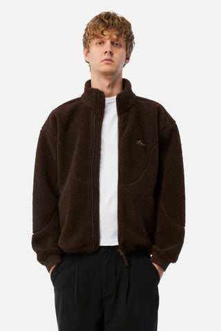 Brown Dime sherpa fleece zip jacket with plush texture and minimalist design.