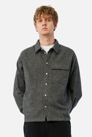 Silver Dime wool overshirt with clean minimal design and button front.