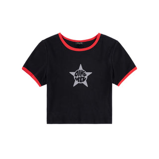 Dime Women’s Star Baby Tee in Black with red neckline and sleeve trim, a cropped silhouette, and a grey star graphic with Dime MTL lettering
