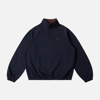 Navy blue pullover with a small logo on a white background
