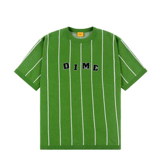 Green Dime Striped SS Knit with rib finishing and chenille embroidery logo.