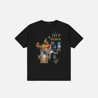 Front view of Dime What the Medieval Tee in black with a colorful collage of medieval-style figures and yellow Dime lettering
