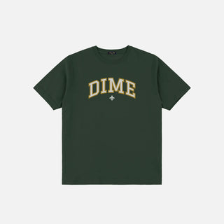 Front view of Dime Varsity Tee in Mountain Green with cream varsity-style Dime lettering outlined in gold and a small fleur-de-lis below