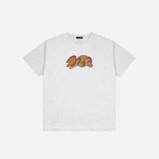 White t-shirt with colorful logo on a white background