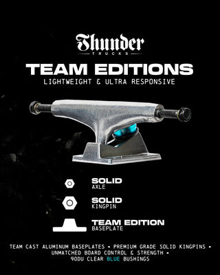 Thunder 161 Team Skateboard Truck with cast aluminum baseplate, premium grade solid kingpin, 90du clear blue bushings, and 9.125 inch axle for boards 8.9 to 9.5 inches